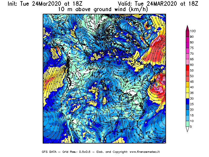 Mappa di analisi GFS - Velocità del vento a 10 metri dal suolo [km/h] in Nord-America
									del 24/03/2020 18 <!--googleoff: index-->UTC<!--googleon: index-->