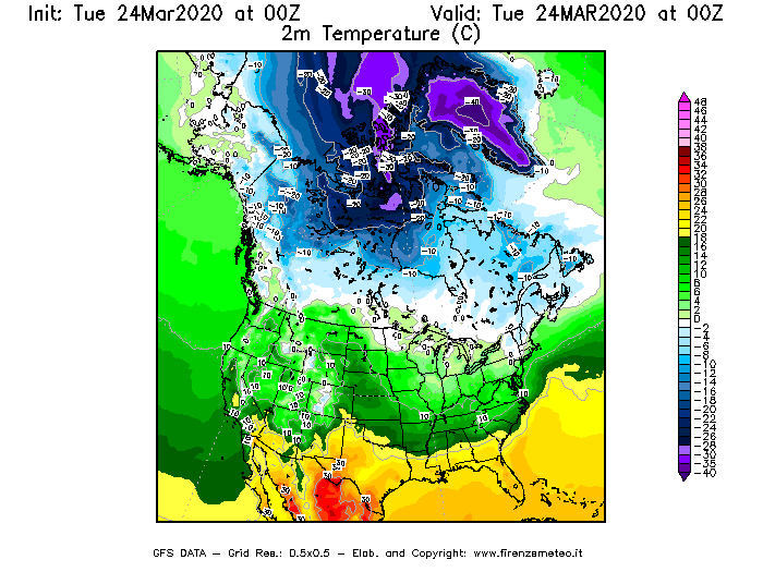 Mappa di analisi GFS - Temperatura a 2 metri dal suolo [°C] in Nord-America
							del 24/03/2020 00 <!--googleoff: index-->UTC<!--googleon: index-->
