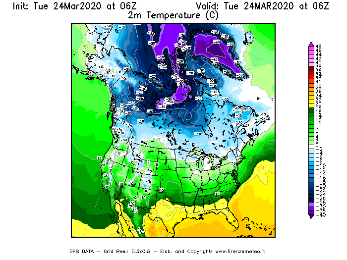 Mappa di analisi GFS - Temperatura a 2 metri dal suolo [°C] in Nord-America
							del 24/03/2020 06 <!--googleoff: index-->UTC<!--googleon: index-->