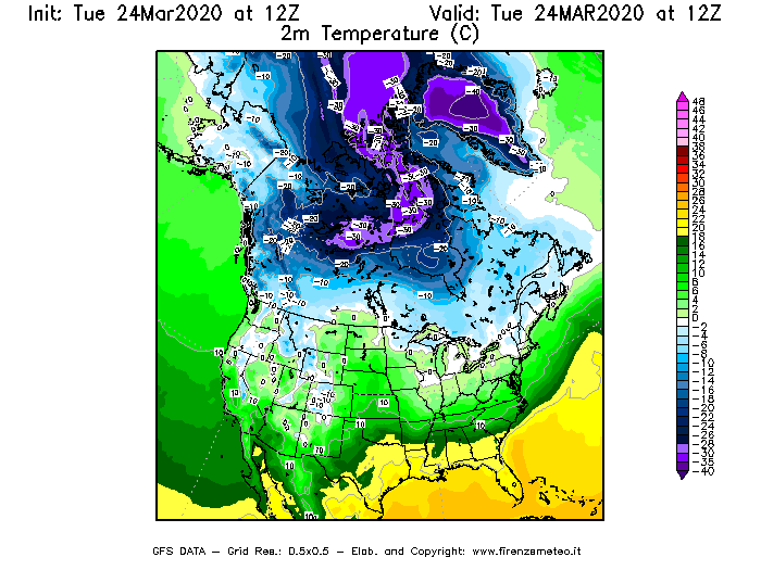 Mappa di analisi GFS - Temperatura a 2 metri dal suolo [°C] in Nord-America
							del 24/03/2020 12 <!--googleoff: index-->UTC<!--googleon: index-->