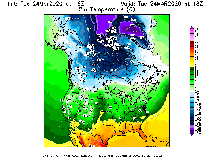 Mappa di analisi GFS - Temperatura a 2 metri dal suolo [°C] in Nord-America
									del 24/03/2020 18 <!--googleoff: index-->UTC<!--googleon: index-->
