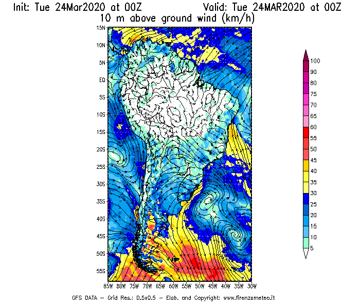 Mappa di analisi GFS - Velocità del vento a 10 metri dal suolo [km/h] in Sud-America
									del 24/03/2020 00 <!--googleoff: index-->UTC<!--googleon: index-->