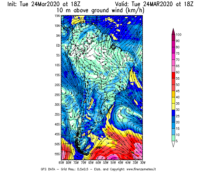 Mappa di analisi GFS - Velocità del vento a 10 metri dal suolo [km/h] in Sud-America
									del 24/03/2020 18 <!--googleoff: index-->UTC<!--googleon: index-->