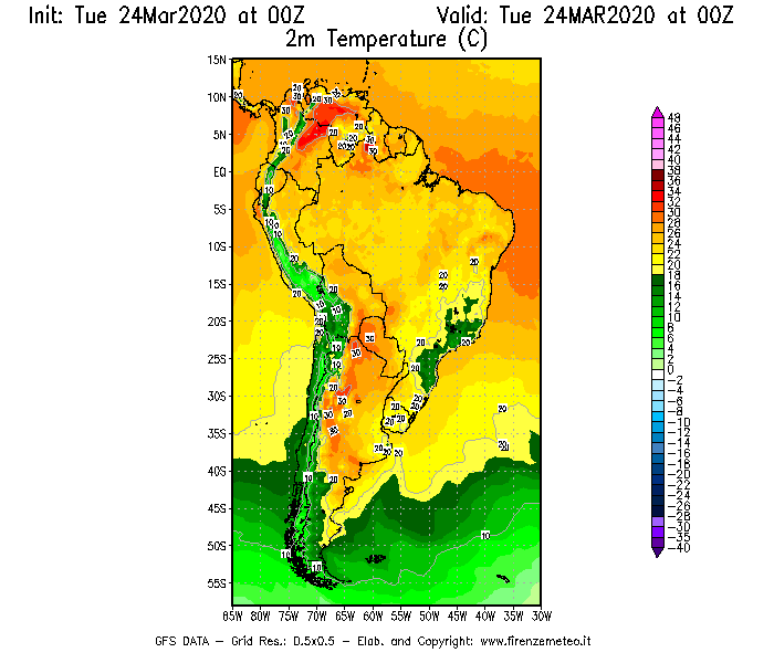 Mappa di analisi GFS - Temperatura a 2 metri dal suolo [°C] in Sud-America
							del 24/03/2020 00 <!--googleoff: index-->UTC<!--googleon: index-->