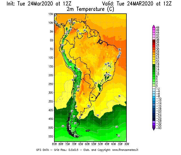 Mappa di analisi GFS - Temperatura a 2 metri dal suolo [°C] in Sud-America
							del 24/03/2020 12 <!--googleoff: index-->UTC<!--googleon: index-->
