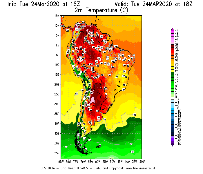Mappa di analisi GFS - Temperatura a 2 metri dal suolo [°C] in Sud-America
							del 24/03/2020 18 <!--googleoff: index-->UTC<!--googleon: index-->