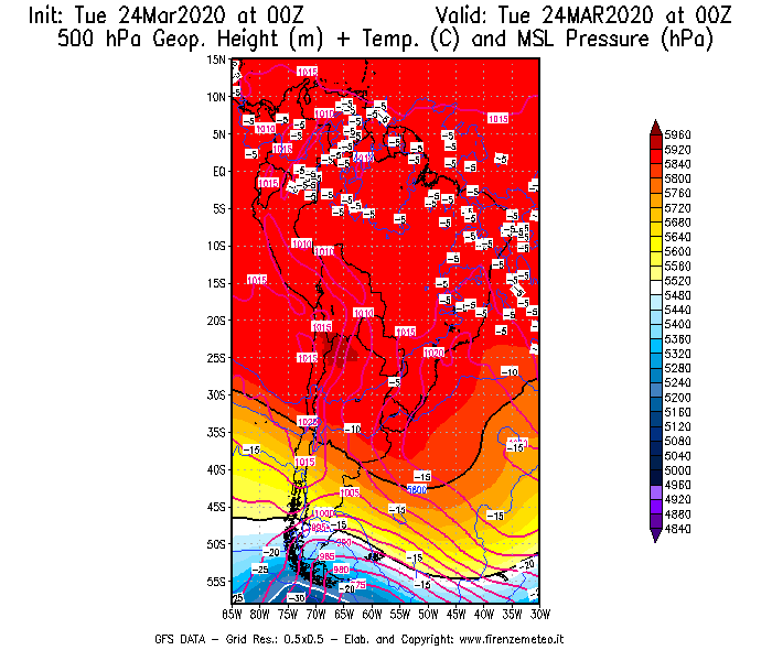 Mappa di analisi GFS - Geopotenziale [m] + Temp. [°C] a 500 hPa + Press. a livello del mare [hPa] in Sud-America
							del 24/03/2020 00 <!--googleoff: index-->UTC<!--googleon: index-->