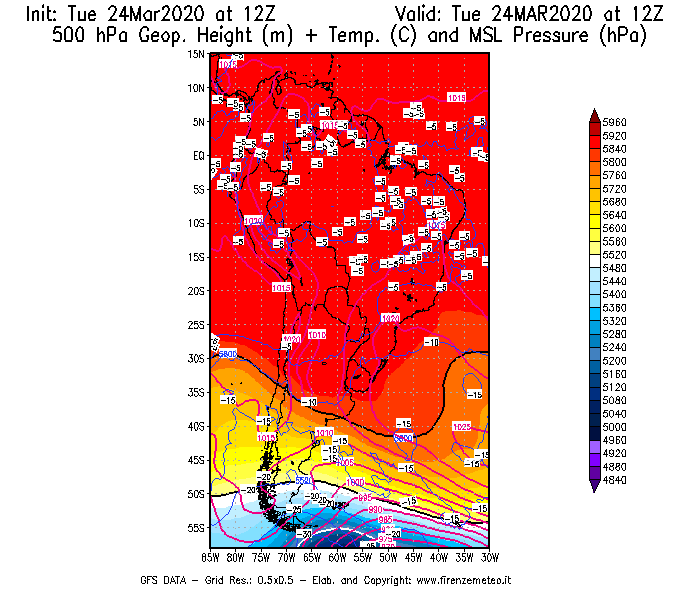 Mappa di analisi GFS - Geopotenziale [m] + Temp. [°C] a 500 hPa + Press. a livello del mare [hPa] in Sud-America
							del 24/03/2020 12 <!--googleoff: index-->UTC<!--googleon: index-->