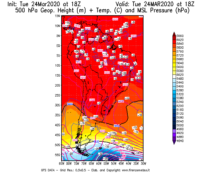 Mappa di analisi GFS - Geopotenziale [m] + Temp. [°C] a 500 hPa + Press. a livello del mare [hPa] in Sud-America
							del 24/03/2020 18 <!--googleoff: index-->UTC<!--googleon: index-->