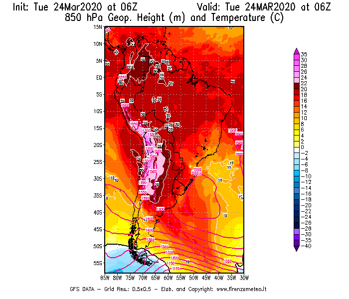 Mappa di analisi GFS - Geopotenziale [m] e Temperatura [°C] a 850 hPa in Sud-America
									del 24/03/2020 06 <!--googleoff: index-->UTC<!--googleon: index-->