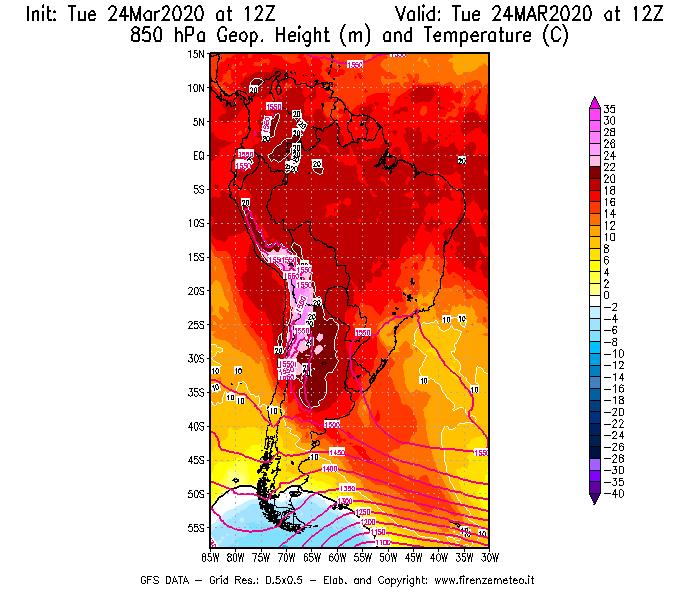 Mappa di analisi GFS - Geopotenziale [m] e Temperatura [°C] a 850 hPa in Sud-America
									del 24/03/2020 12 <!--googleoff: index-->UTC<!--googleon: index-->