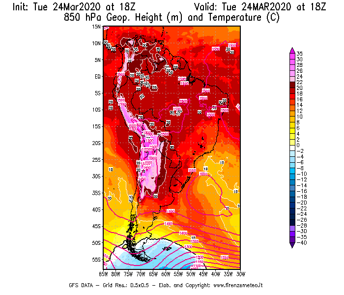 Mappa di analisi GFS - Geopotenziale [m] e Temperatura [°C] a 850 hPa in Sud-America
							del 24/03/2020 18 <!--googleoff: index-->UTC<!--googleon: index-->