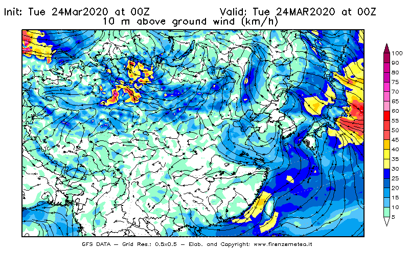 Mappa di analisi GFS - Velocità del vento a 10 metri dal suolo [km/h] in Asia Orientale
							del 24/03/2020 00 <!--googleoff: index-->UTC<!--googleon: index-->