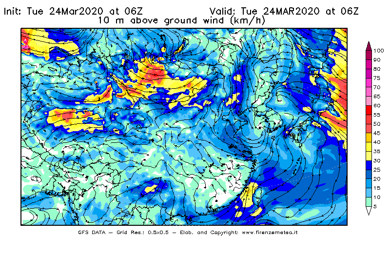 Mappa di analisi GFS - Velocità del vento a 10 metri dal suolo [km/h] in Asia Orientale
									del 24/03/2020 06 <!--googleoff: index-->UTC<!--googleon: index-->