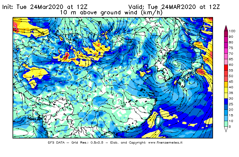 Mappa di analisi GFS - Velocità del vento a 10 metri dal suolo [km/h] in Asia Orientale
									del 24/03/2020 12 <!--googleoff: index-->UTC<!--googleon: index-->