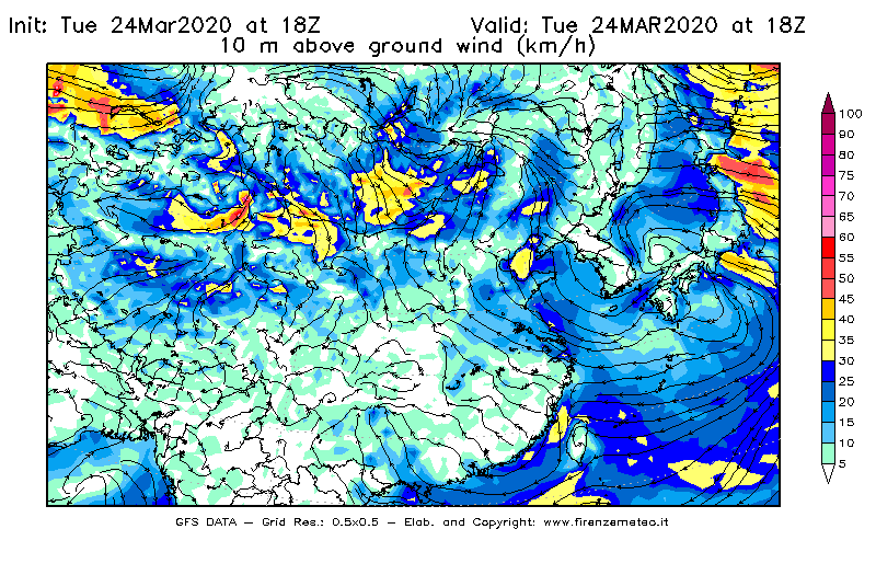 Mappa di analisi GFS - Velocità del vento a 10 metri dal suolo [km/h] in Asia Orientale
									del 24/03/2020 18 <!--googleoff: index-->UTC<!--googleon: index-->
