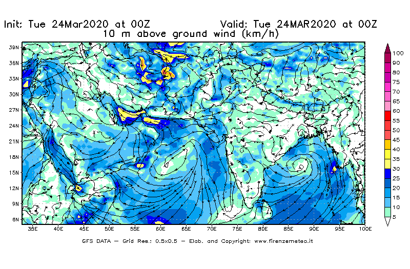 Mappa di analisi GFS - Velocità del vento a 10 metri dal suolo [km/h] in Asia Sud-Occidentale
									del 24/03/2020 00 <!--googleoff: index-->UTC<!--googleon: index-->