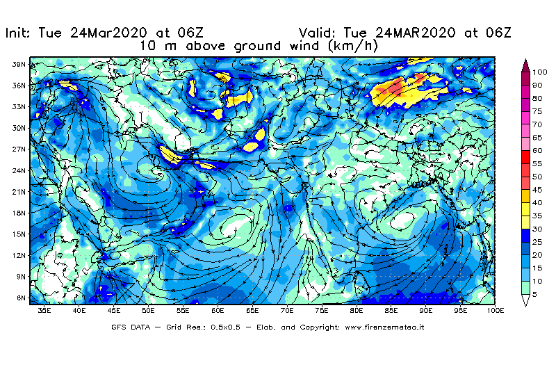 Mappa di analisi GFS - Velocità del vento a 10 metri dal suolo [km/h] in Asia Sud-Occidentale
									del 24/03/2020 06 <!--googleoff: index-->UTC<!--googleon: index-->