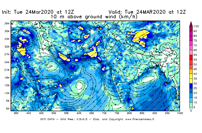 Mappa di analisi GFS - Velocità del vento a 10 metri dal suolo [km/h] in Asia Sud-Occidentale
									del 24/03/2020 12 <!--googleoff: index-->UTC<!--googleon: index-->