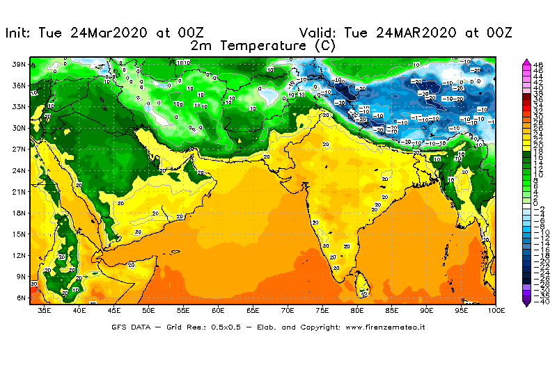 Mappa di analisi GFS - Temperatura a 2 metri dal suolo [°C] in Asia Sud-Occidentale
							del 24/03/2020 00 <!--googleoff: index-->UTC<!--googleon: index-->