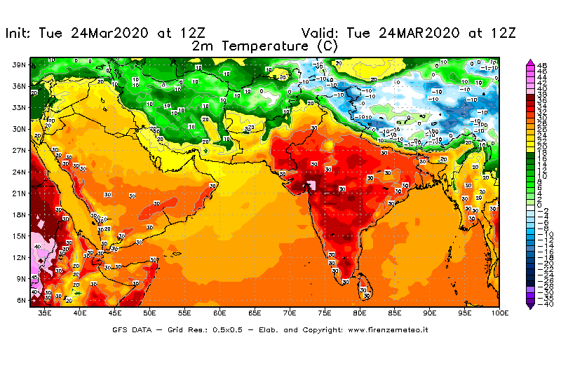Mappa di analisi GFS - Temperatura a 2 metri dal suolo [°C] in Asia Sud-Occidentale
									del 24/03/2020 12 <!--googleoff: index-->UTC<!--googleon: index-->