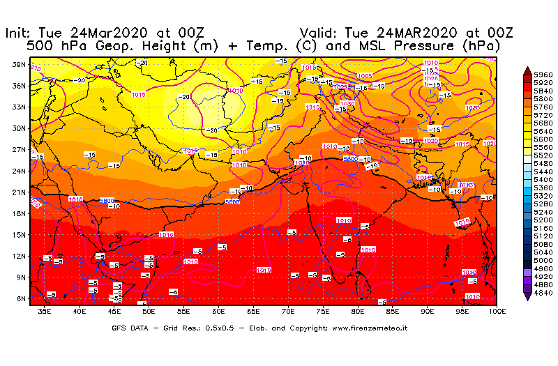 Mappa di analisi GFS - Geopotenziale [m] + Temp. [°C] a 500 hPa + Press. a livello del mare [hPa] in Asia Sud-Occidentale
									del 24/03/2020 00 <!--googleoff: index-->UTC<!--googleon: index-->