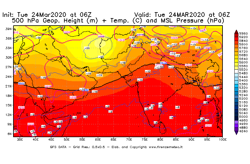 Mappa di analisi GFS - Geopotenziale [m] + Temp. [°C] a 500 hPa + Press. a livello del mare [hPa] in Asia Sud-Occidentale
							del 24/03/2020 06 <!--googleoff: index-->UTC<!--googleon: index-->