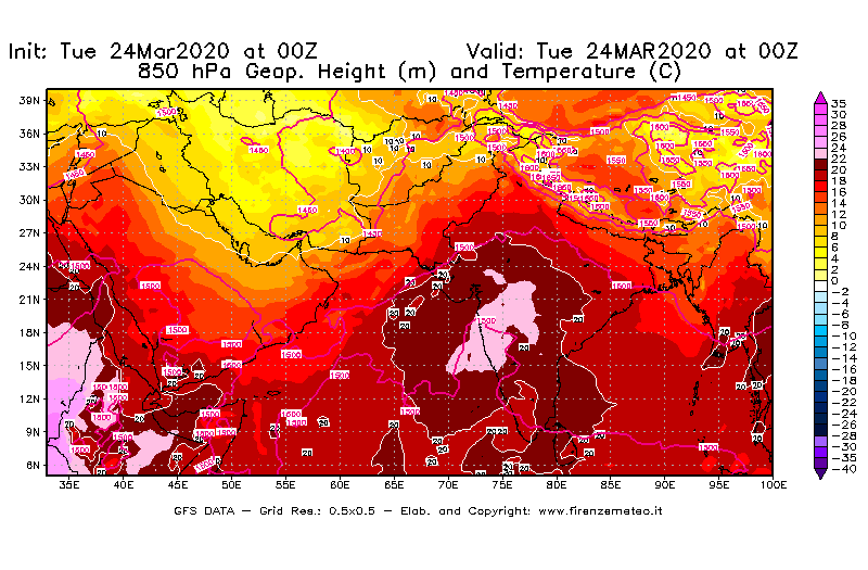 Mappa di analisi GFS - Geopotenziale [m] e Temperatura [°C] a 850 hPa in Asia Sud-Occidentale
									del 24/03/2020 00 <!--googleoff: index-->UTC<!--googleon: index-->