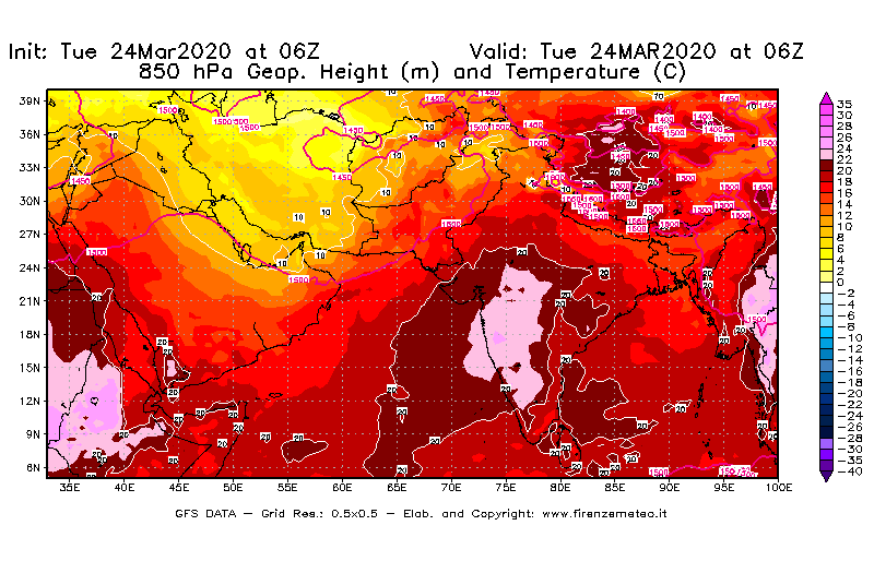 Mappa di analisi GFS - Geopotenziale [m] e Temperatura [°C] a 850 hPa in Asia Sud-Occidentale
									del 24/03/2020 06 <!--googleoff: index-->UTC<!--googleon: index-->
