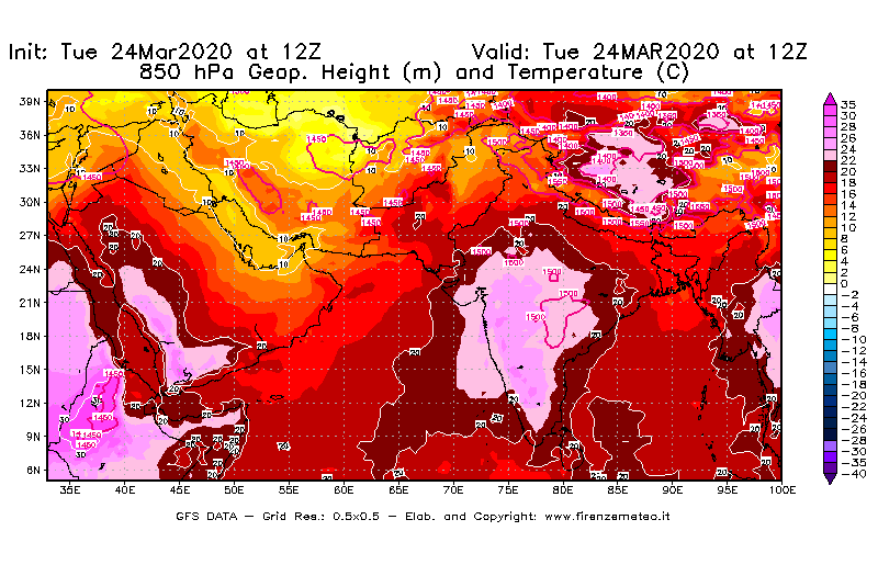 Mappa di analisi GFS - Geopotenziale [m] e Temperatura [°C] a 850 hPa in Asia Sud-Occidentale
									del 24/03/2020 12 <!--googleoff: index-->UTC<!--googleon: index-->