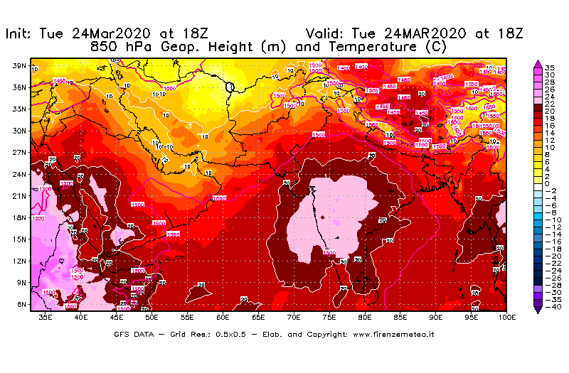 Mappa di analisi GFS - Geopotenziale [m] e Temperatura [°C] a 850 hPa in Asia Sud-Occidentale
							del 24/03/2020 18 <!--googleoff: index-->UTC<!--googleon: index-->