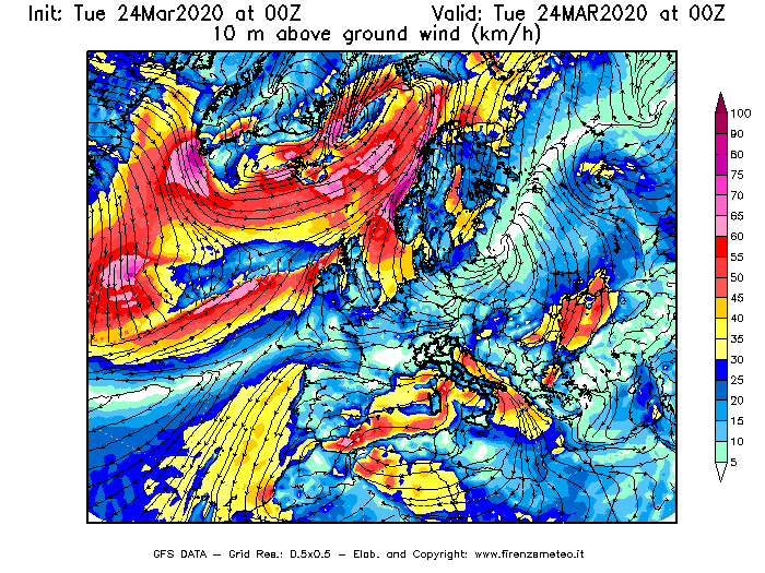 Mappa di analisi GFS - Velocità del vento a 10 metri dal suolo [km/h] in Europa
							del 24/03/2020 00 <!--googleoff: index-->UTC<!--googleon: index-->