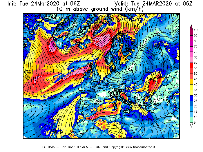 Mappa di analisi GFS - Velocità del vento a 10 metri dal suolo [km/h] in Europa
							del 24/03/2020 06 <!--googleoff: index-->UTC<!--googleon: index-->