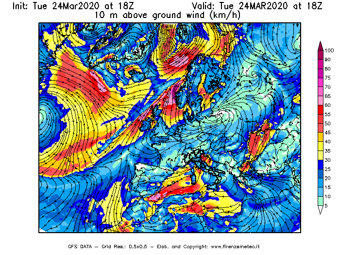 Mappa di analisi GFS - Velocità del vento a 10 metri dal suolo [km/h] in Europa
									del 24/03/2020 18 <!--googleoff: index-->UTC<!--googleon: index-->