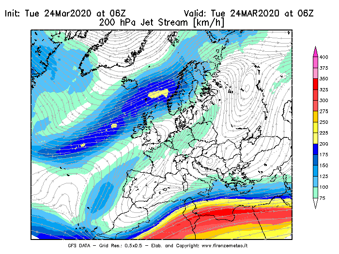 Mappa di analisi GFS - Jet Stream a 200 hPa in Europa
							del 24/03/2020 06 <!--googleoff: index-->UTC<!--googleon: index-->