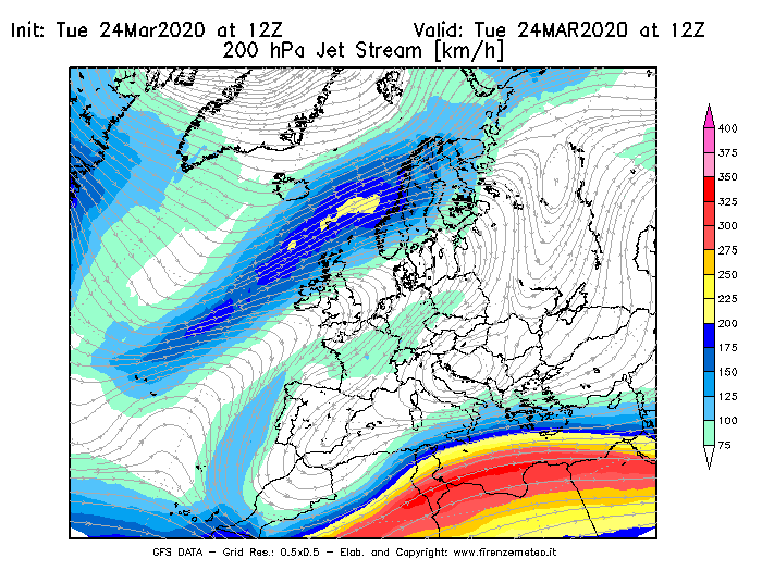 Mappa di analisi GFS - Jet Stream a 200 hPa in Europa
									del 24/03/2020 12 <!--googleoff: index-->UTC<!--googleon: index-->