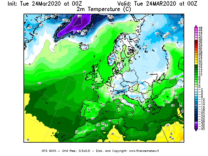 Mappa di analisi GFS - Temperatura a 2 metri dal suolo [°C] in Europa
							del 24/03/2020 00 <!--googleoff: index-->UTC<!--googleon: index-->