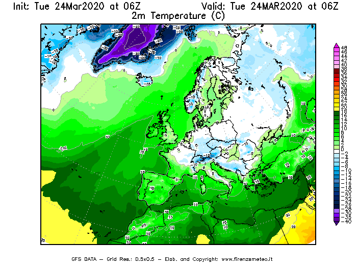 Mappa di analisi GFS - Temperatura a 2 metri dal suolo [°C] in Europa
							del 24/03/2020 06 <!--googleoff: index-->UTC<!--googleon: index-->