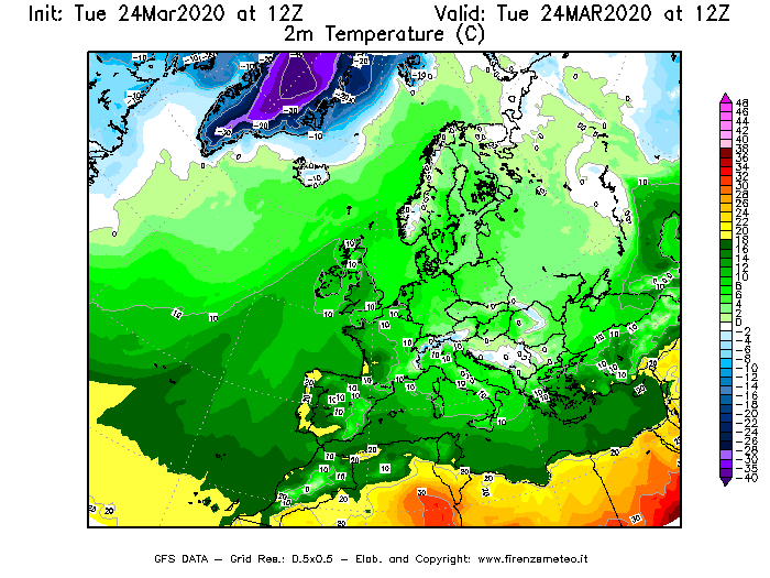 Mappa di analisi GFS - Temperatura a 2 metri dal suolo [°C] in Europa
							del 24/03/2020 12 <!--googleoff: index-->UTC<!--googleon: index-->