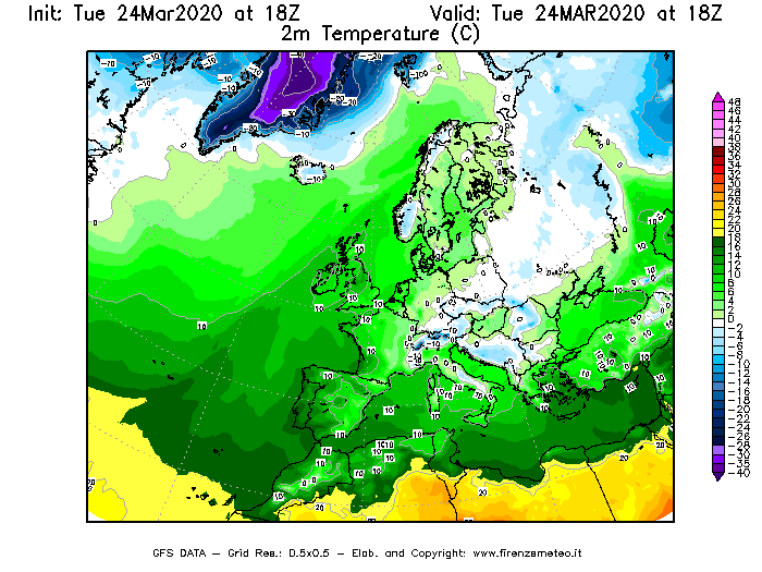Mappa di analisi GFS - Temperatura a 2 metri dal suolo [°C] in Europa
							del 24/03/2020 18 <!--googleoff: index-->UTC<!--googleon: index-->