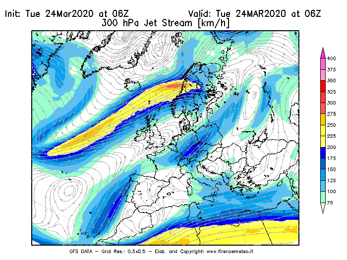 Mappa di analisi GFS - Jet Stream a 300 hPa in Europa
							del 24/03/2020 06 <!--googleoff: index-->UTC<!--googleon: index-->