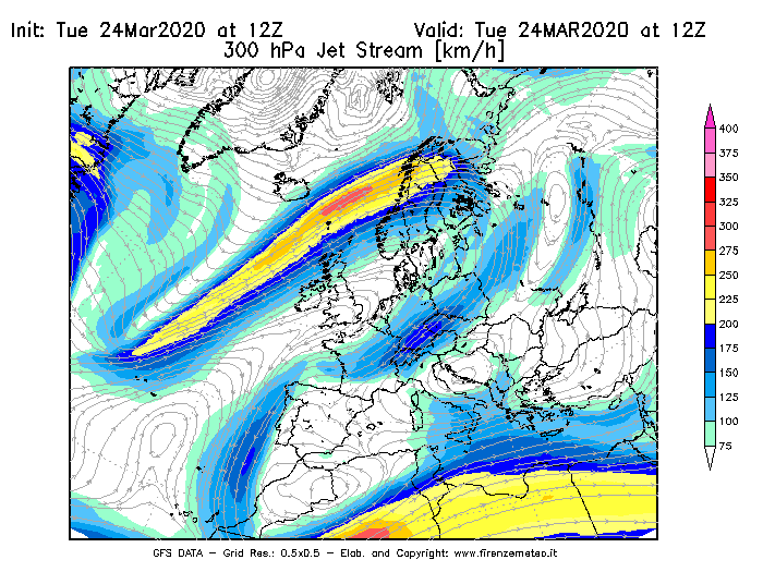 Mappa di analisi GFS - Jet Stream a 300 hPa in Europa
							del 24/03/2020 12 <!--googleoff: index-->UTC<!--googleon: index-->