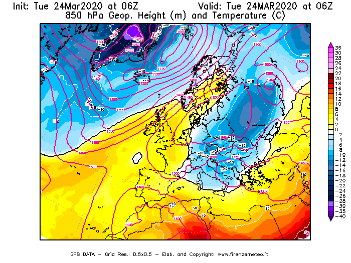 Mappa di analisi GFS - Geopotenziale [m] e Temperatura [°C] a 850 hPa in Europa
									del 24/03/2020 06 <!--googleoff: index-->UTC<!--googleon: index-->
