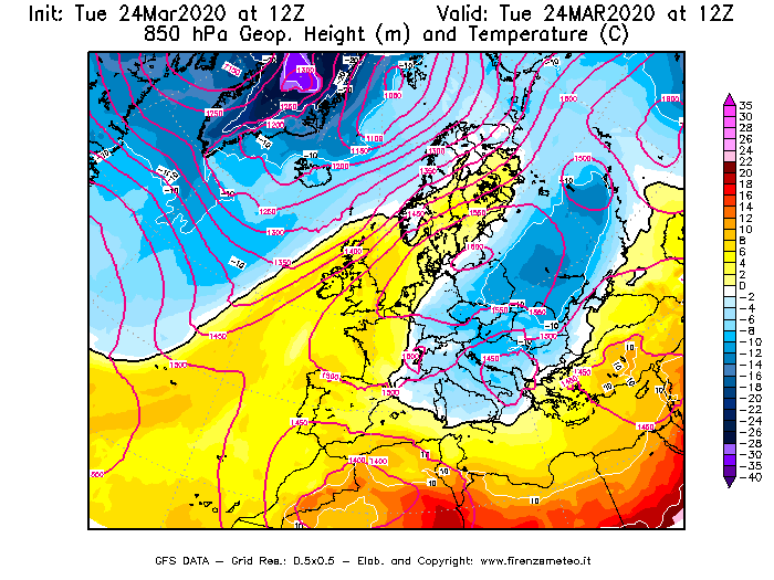 Mappa di analisi GFS - Geopotenziale [m] e Temperatura [°C] a 850 hPa in Europa
							del 24/03/2020 12 <!--googleoff: index-->UTC<!--googleon: index-->