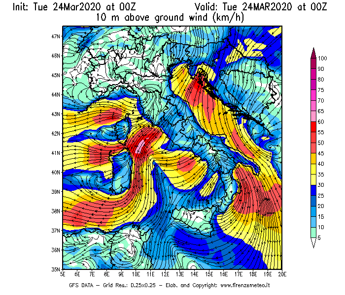 Mappa di analisi GFS - Velocità del vento a 10 metri dal suolo [km/h] in Italia
									del 24/03/2020 00 <!--googleoff: index-->UTC<!--googleon: index-->