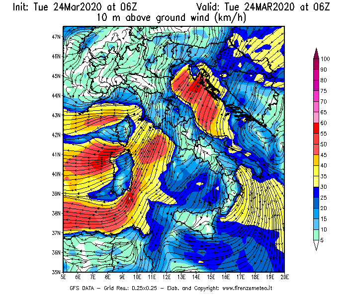 Mappa di analisi GFS - Velocità del vento a 10 metri dal suolo [km/h] in Italia
							del 24/03/2020 06 <!--googleoff: index-->UTC<!--googleon: index-->