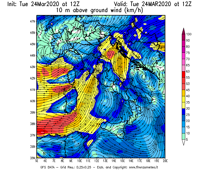 Mappa di analisi GFS - Velocità del vento a 10 metri dal suolo [km/h] in Italia
							del 24/03/2020 12 <!--googleoff: index-->UTC<!--googleon: index-->