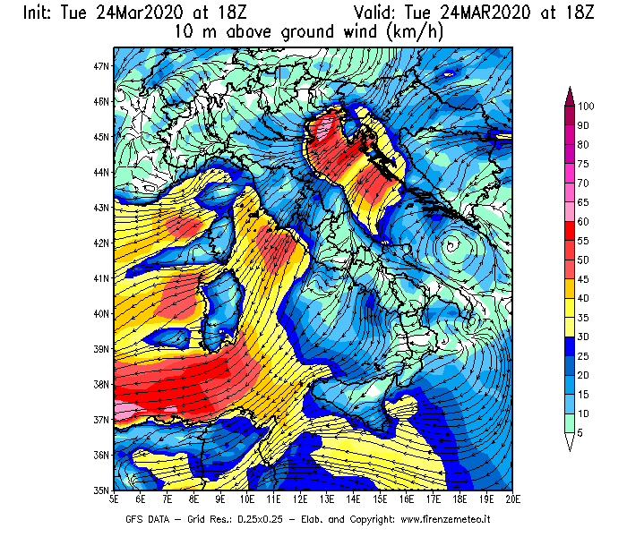 Mappa di analisi GFS - Velocità del vento a 10 metri dal suolo [km/h] in Italia
							del 24/03/2020 18 <!--googleoff: index-->UTC<!--googleon: index-->