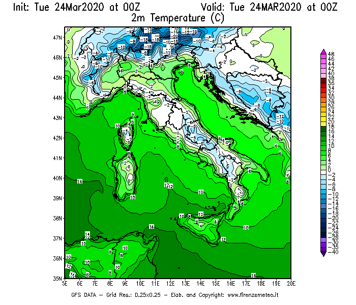 Mappa di analisi GFS - Temperatura a 2 metri dal suolo [°C] in Italia
									del 24/03/2020 00 <!--googleoff: index-->UTC<!--googleon: index-->