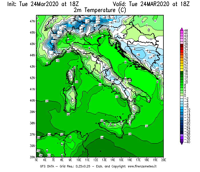 Mappa di analisi GFS - Temperatura a 2 metri dal suolo [°C] in Italia
							del 24/03/2020 18 <!--googleoff: index-->UTC<!--googleon: index-->